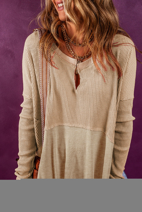 Exposed Seam Slit Neck Waffle Knit Patchwork Top